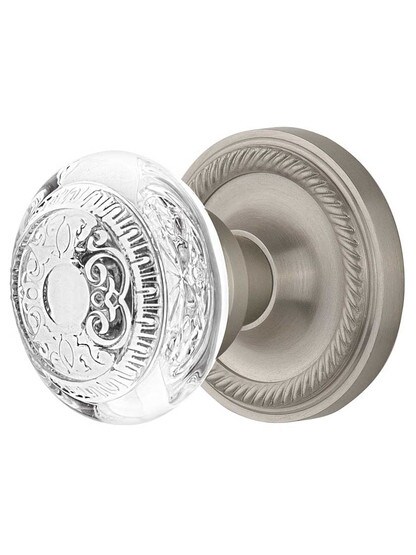 Rope Rosette Door Set with Egg and Dart Crystal-Glass Knobs in Satin Nickel.